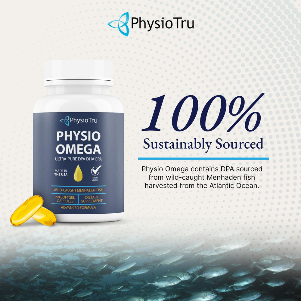 PhysioTru Omega bottle label showing non-GMO, gluten-free, soy-free features