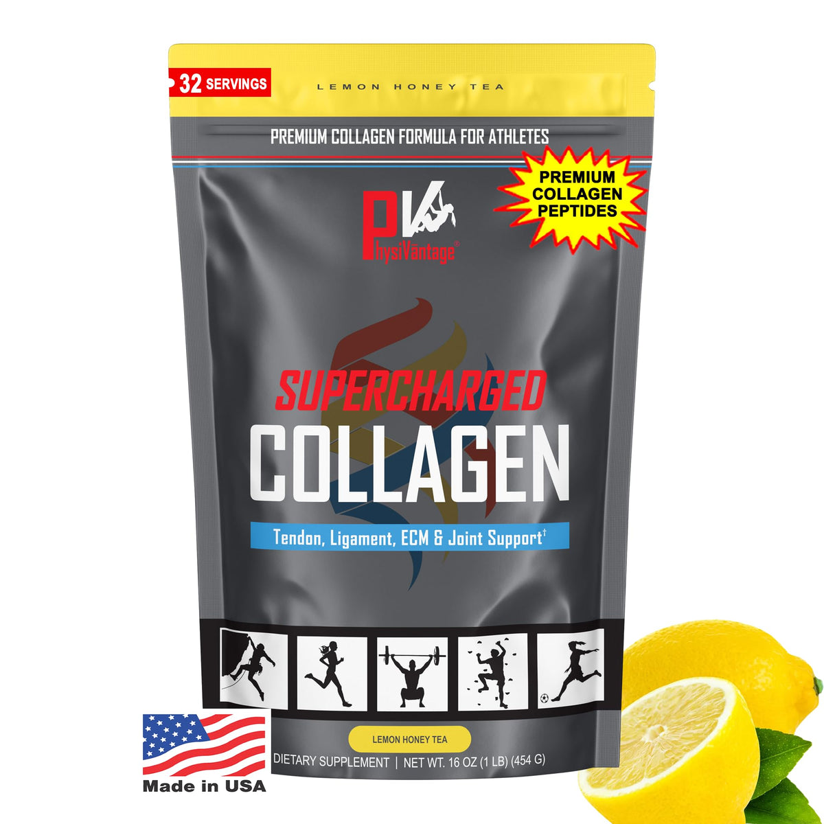 Front view of PhysiVantage Supercharged Collagen Peptides Lemon Honey Tea 16oz