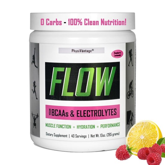 Front view of PhysiVantage Flow Raspberry Lemonade electrolyte powder container