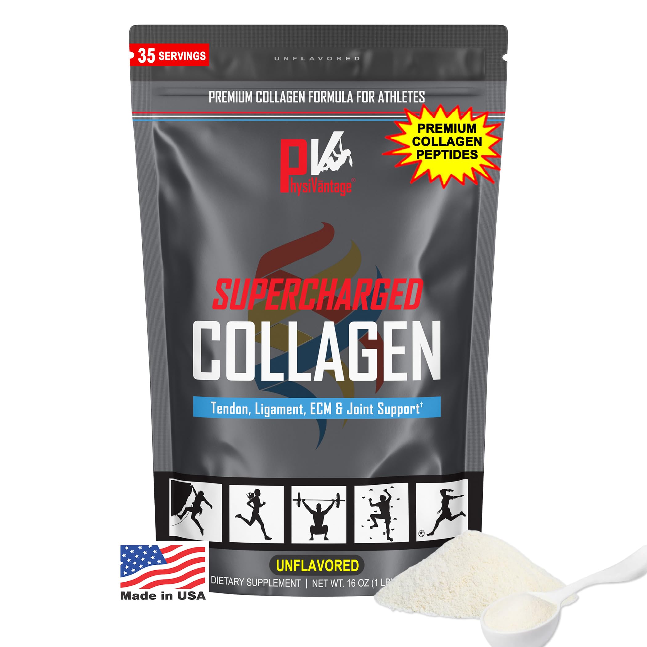 PhysiVantage Supercharged Collagen bottle shows grass-fed sourcing for joint and skin support
