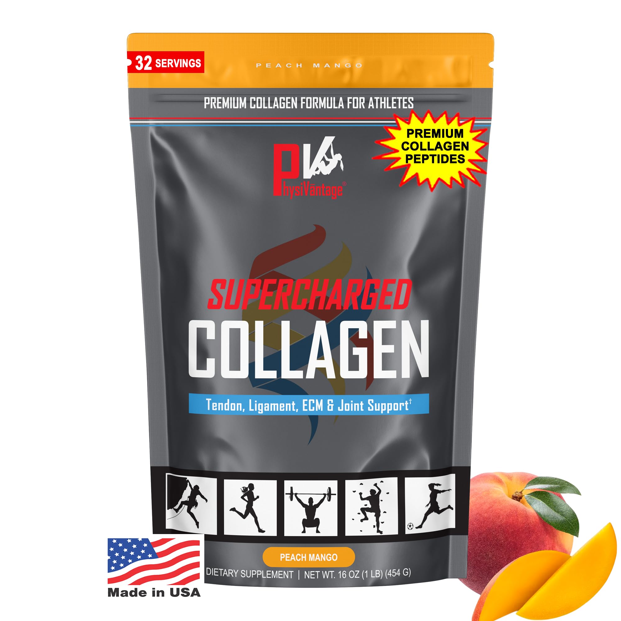 PhysiVantage Supercharged Collagen powder in peach mango for daily joint and skin support.