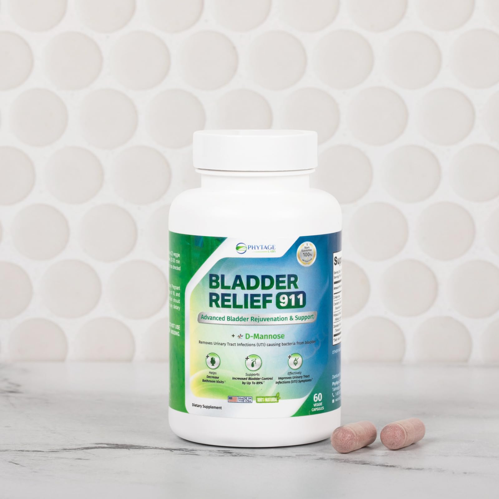 Phytage Labs Bladder Relief 911 capsules closeup highlights easy, daily bladder health routine
