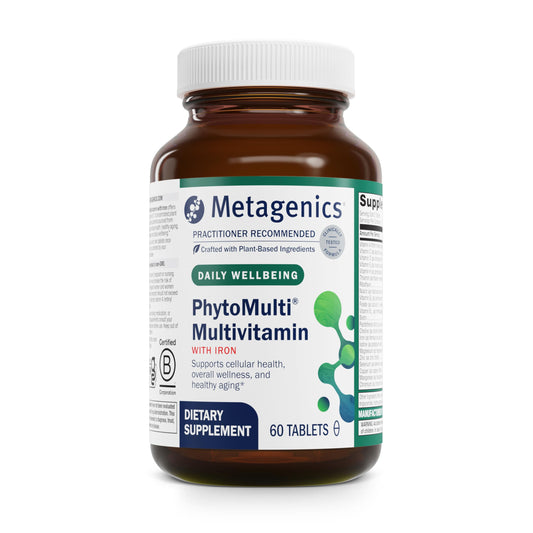 Front of Metagenics PhytoMulti with Iron bottle labeled 60 tablets