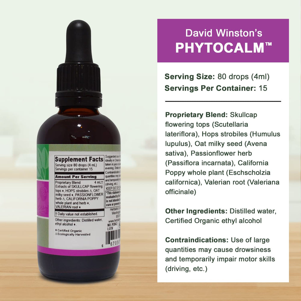 Phytocalm ingredients: Skullcap, Hops, Oat, Passionflower, California Poppy, Valerian