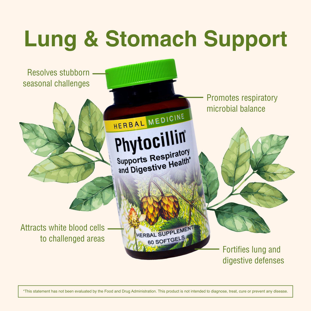 Open Phytocillin bottle with capsules spilling onto surface