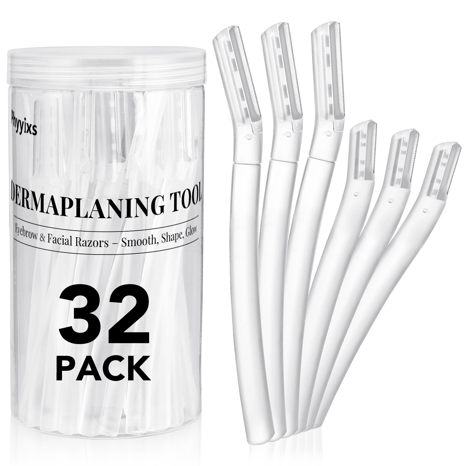 Phyyixs 32-pack face razors dermaplane set for smooth, radiant skin.