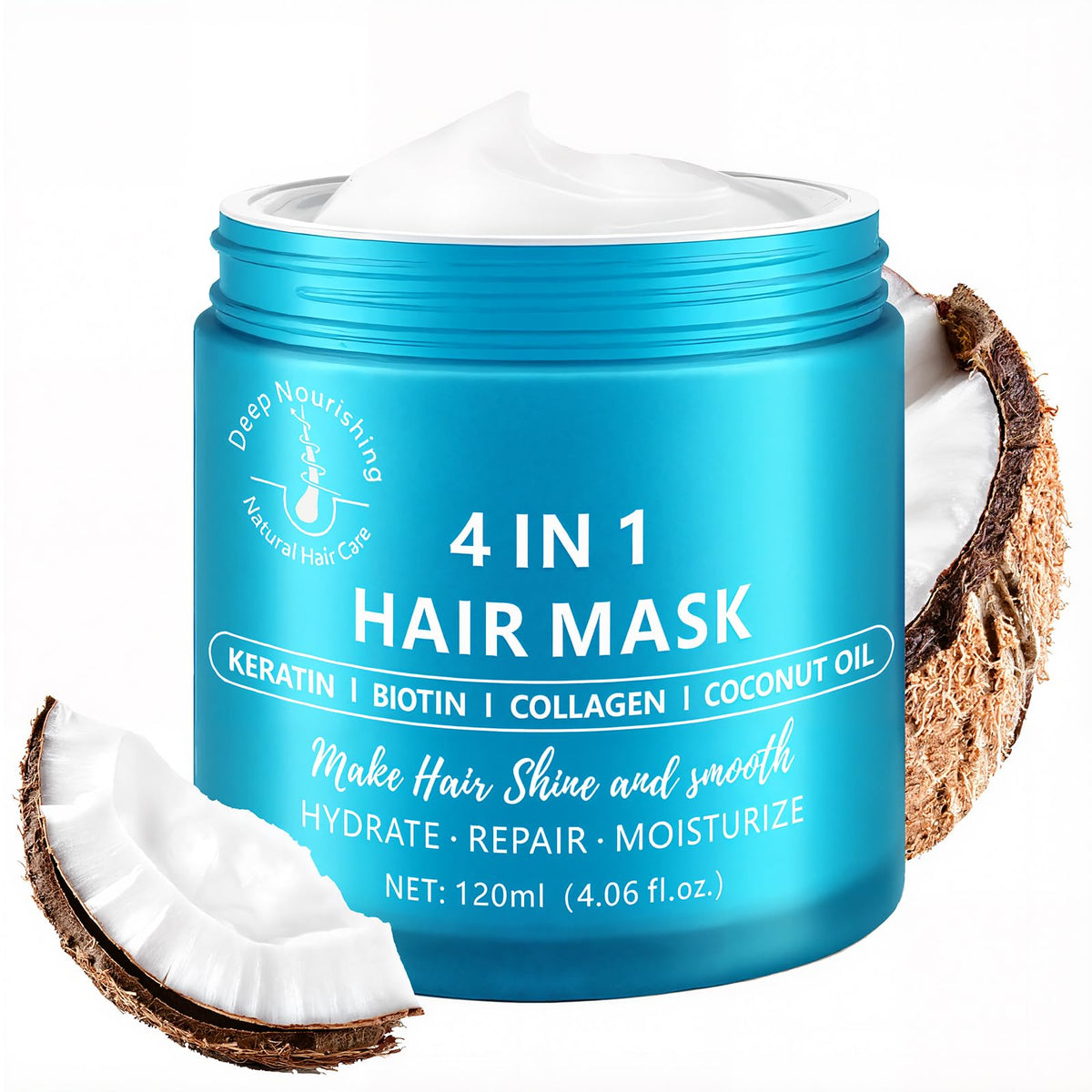 PIFLAT Deep Conditioning Mask bottle close-up showing frizz control and shine