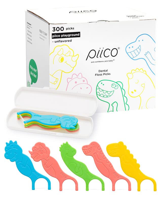 Piico Kids Floss Picks in a colorful dinosaur design with travel case