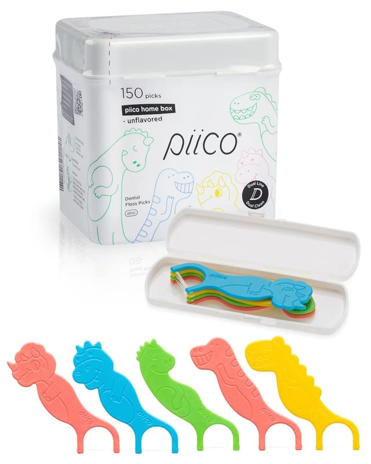 Piico No Flavor Kids Floss Picks with Dino Homebox - front view