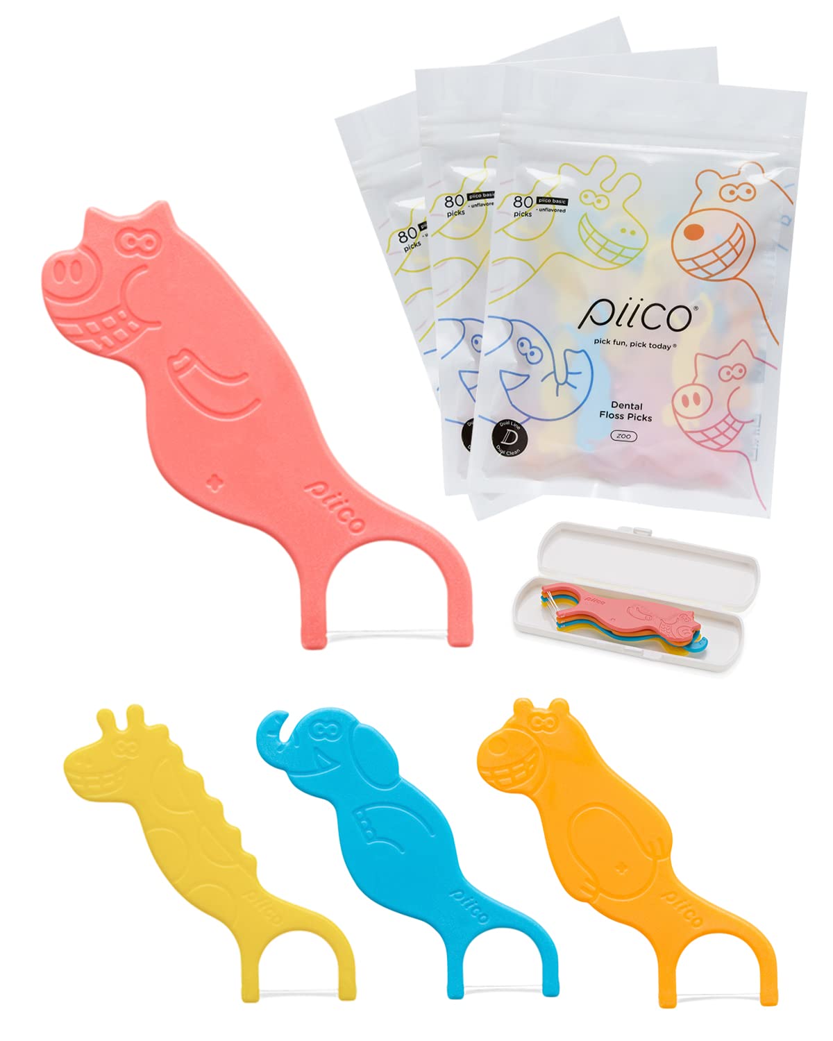 Piico unflavored kids floss dual-line dental floss picks with no fluoride
