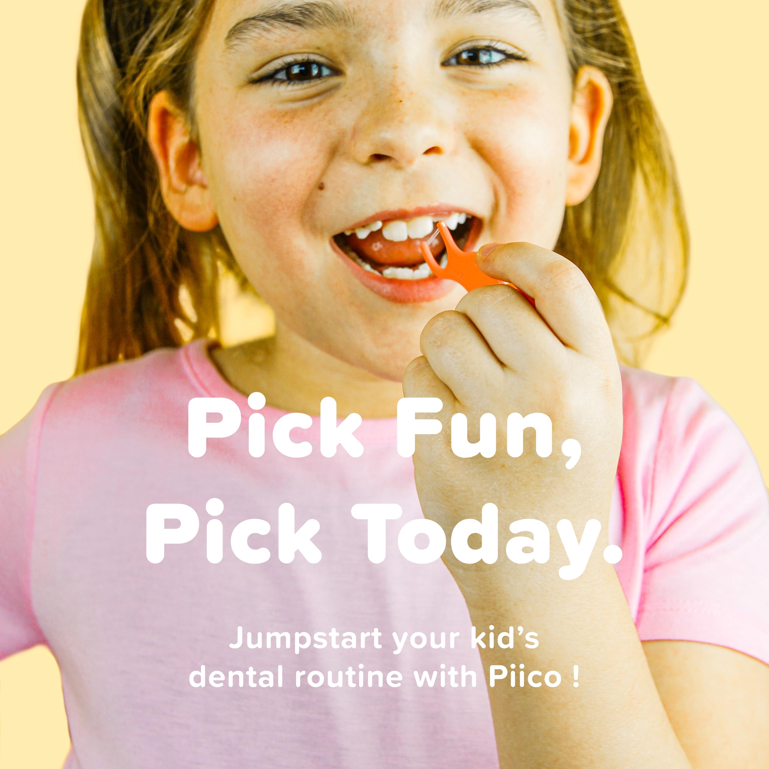 Close-up of Piico kids floss dual-line floss picks, unflavored and unwaxed