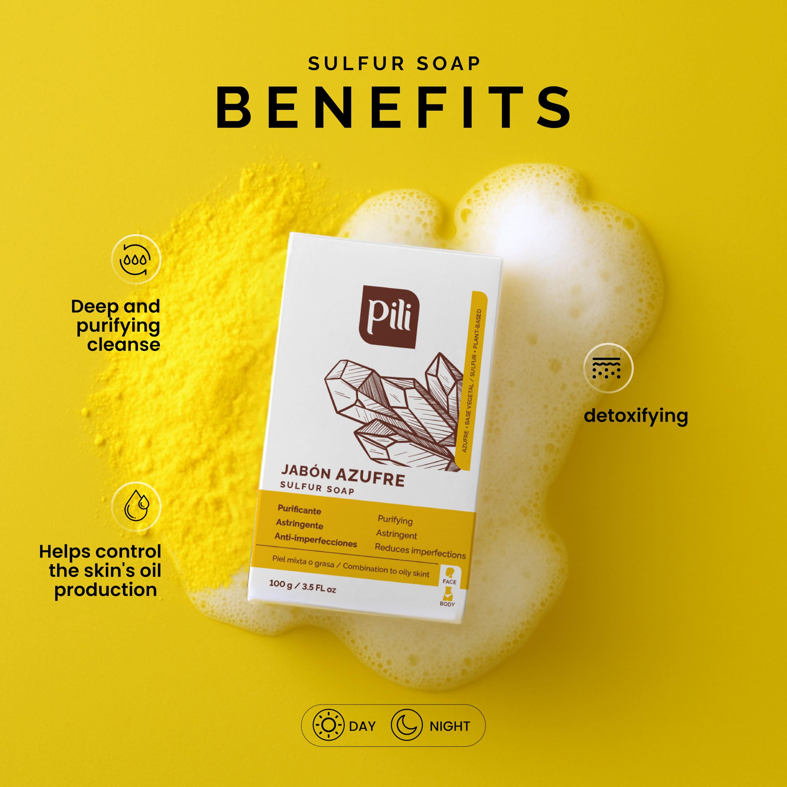 Pili Natural sulfur soap bar closeup texture reveals surface detail