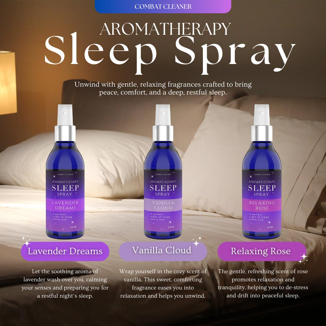Pack of 3 calming sleep spray bottles with lavender, vanilla, and rose scents by Combat Cleaner
