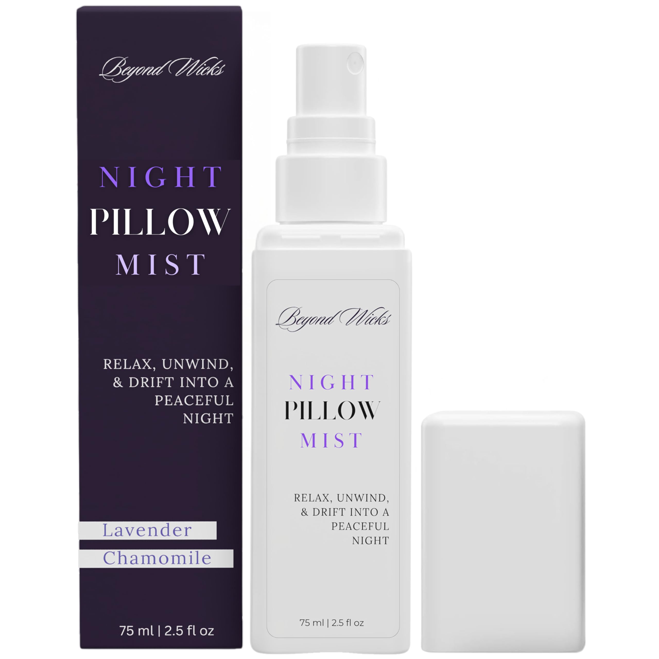 Soft-lit bedroom setup with pillow spray in focus