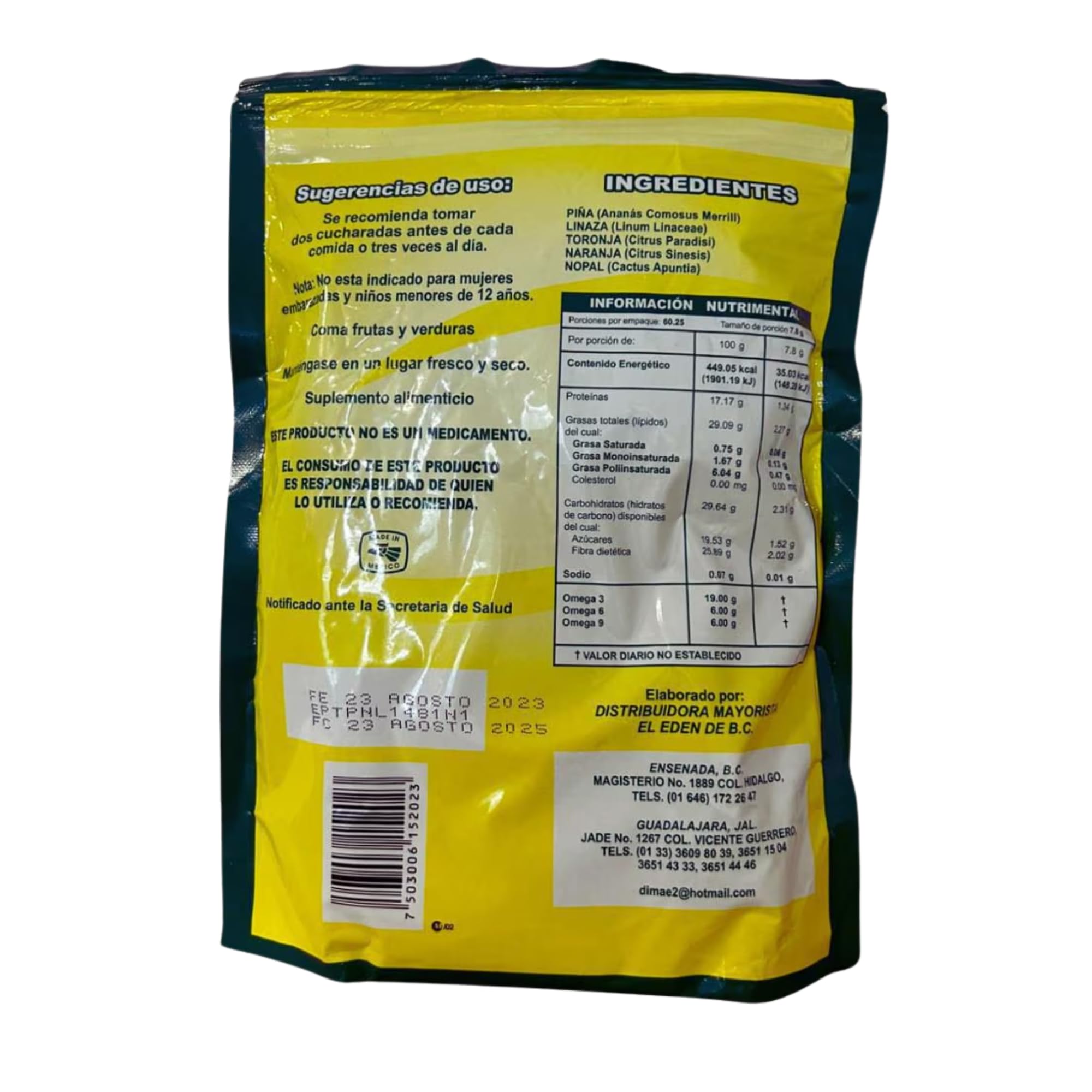 Piñalinaza Pineapple Flavor label with Canadian flaxseed information