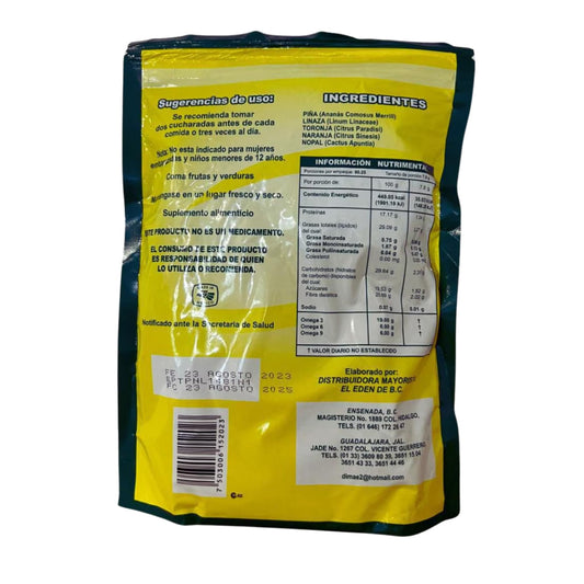 Piñalinaza Pineapple Flavor label with Canadian flaxseed information