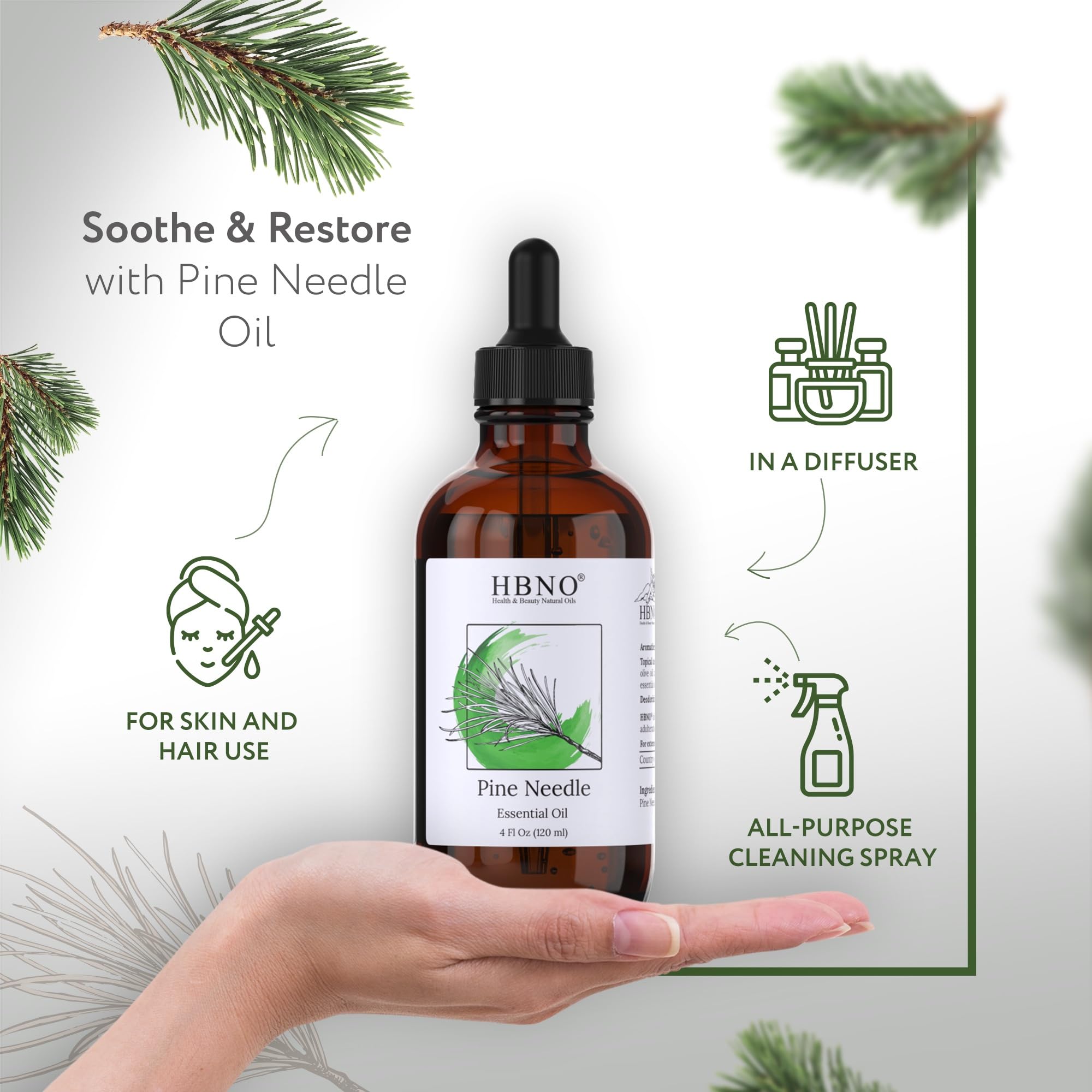 Amber glass bottle of pine needle essential oil