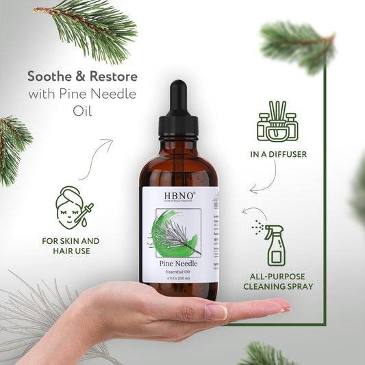 Amber glass bottle of pine needle essential oil