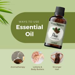 Close-up of pine essential oil bottle label
