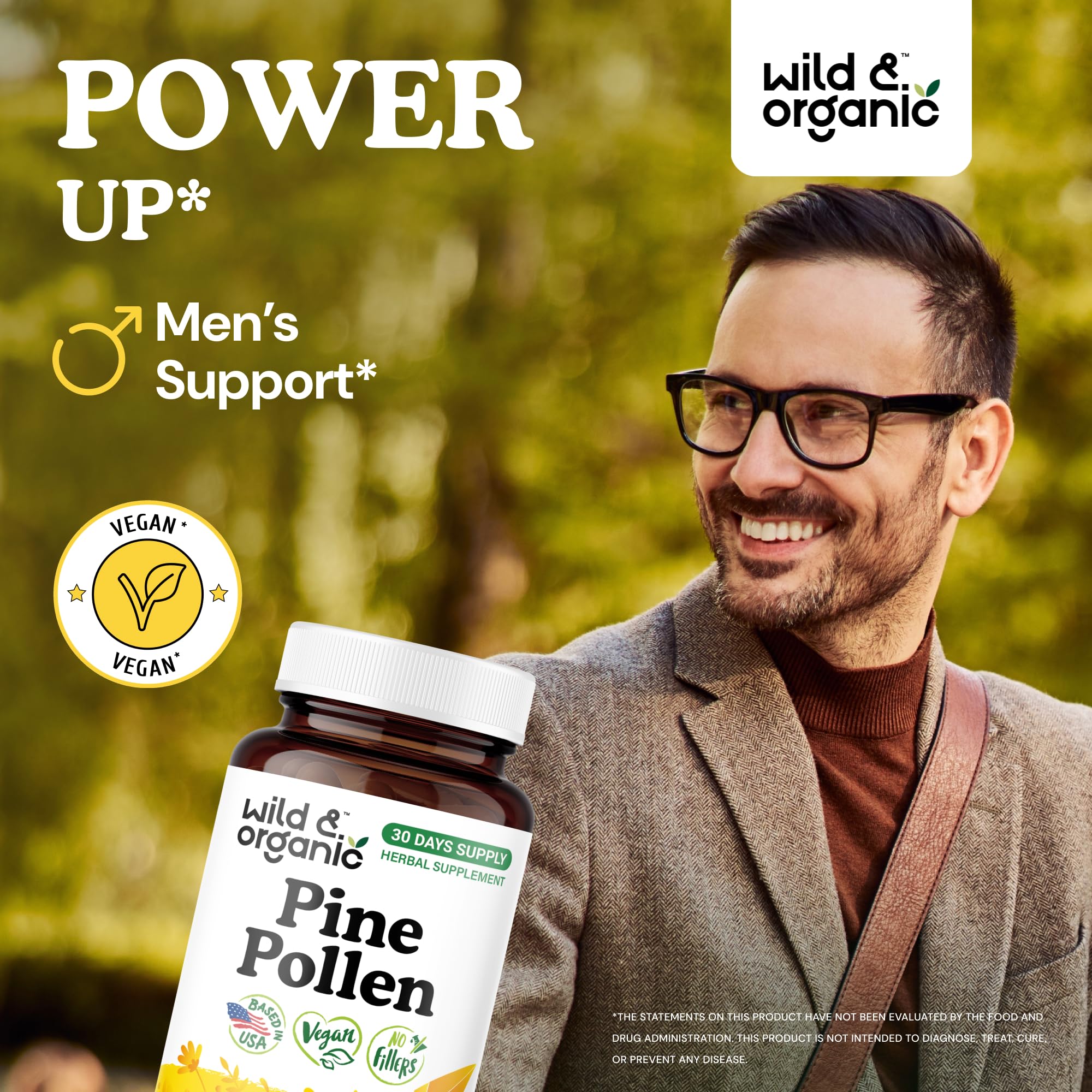 Pine pollen capsules close-up showing 1000 mg per serving
