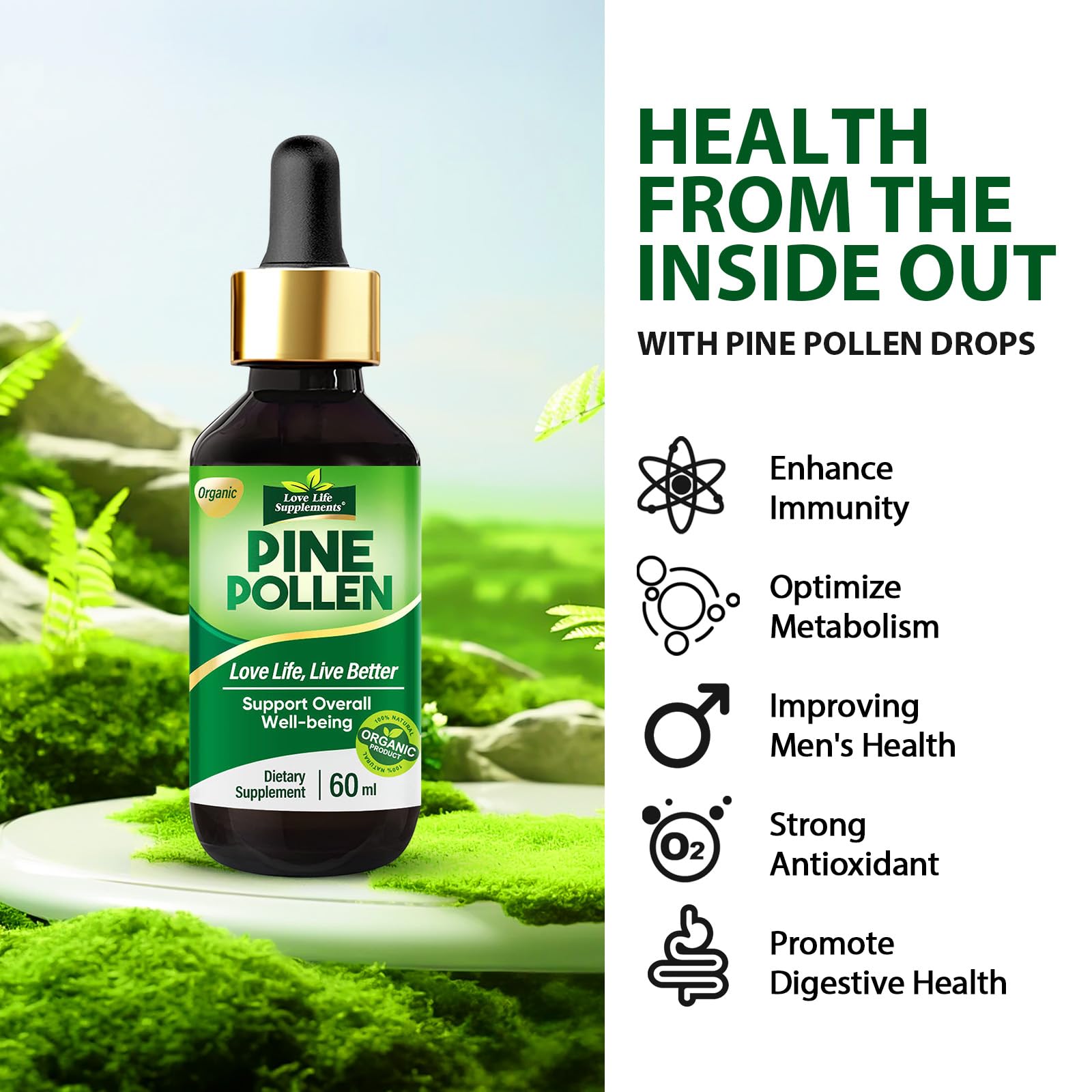 Dropper bottle with pine pollen drops for easy use