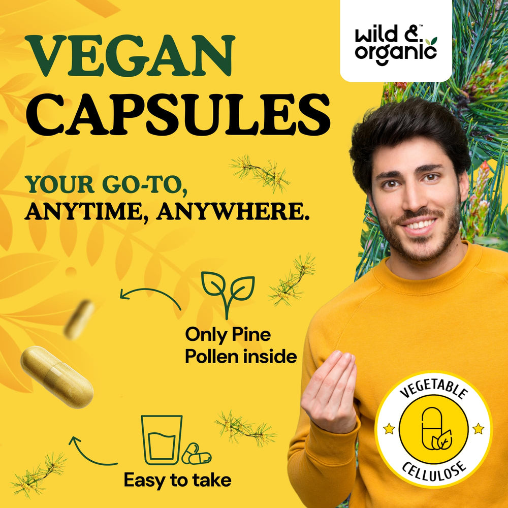 Vegan pine pollen supplement with vegetable cellulose coating