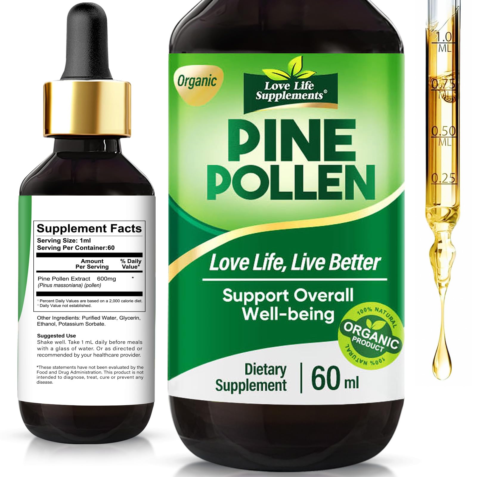 Pine Pollen Tincture bottle with 600mg per serving