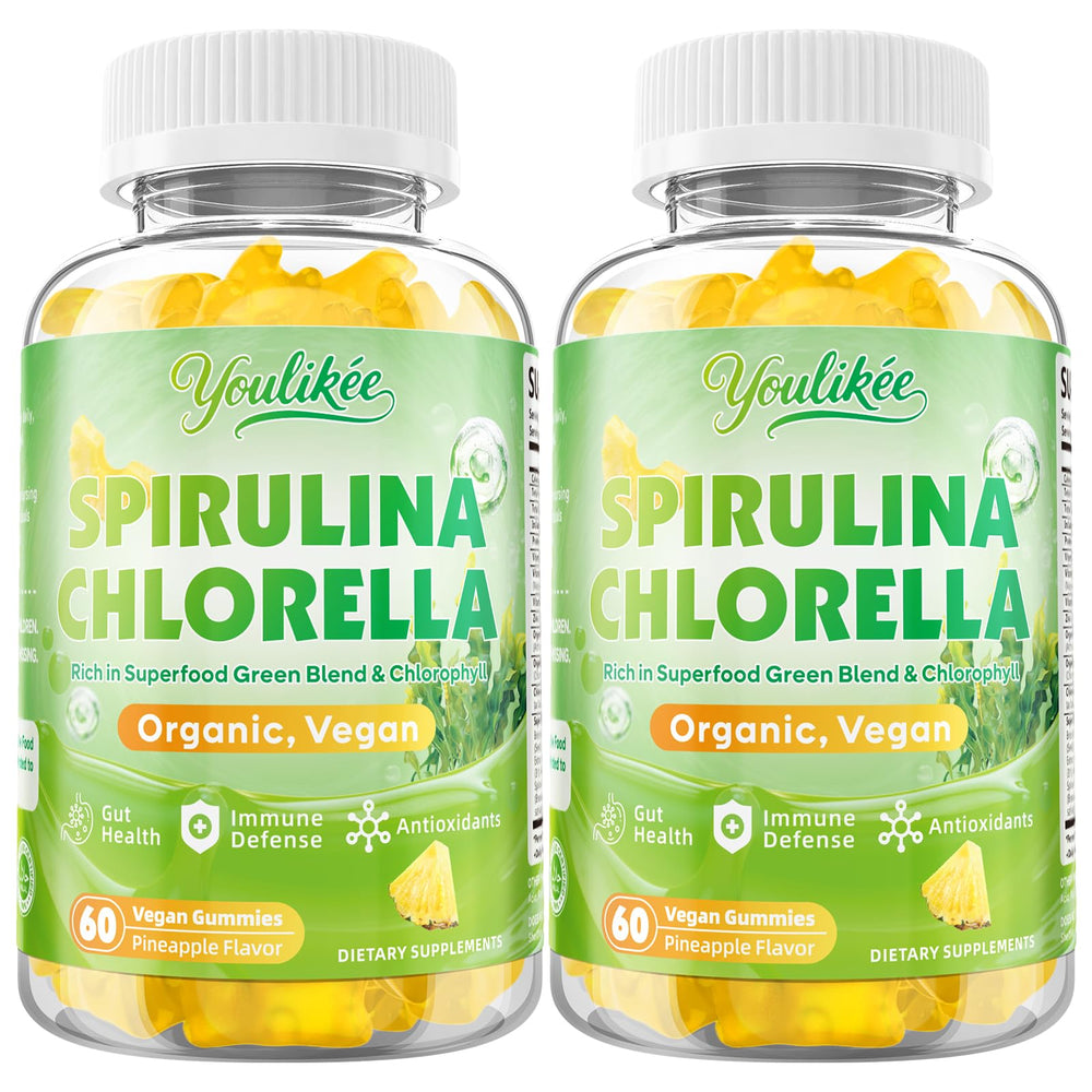 Two-pack packaging of organic spirulina and chlorella gummies