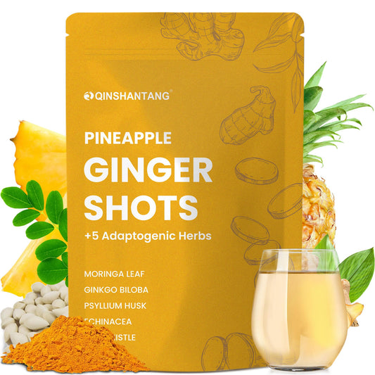 Bottle of Pineapple Ginger Shots with ginger, turmeric, and pineapple ingredients