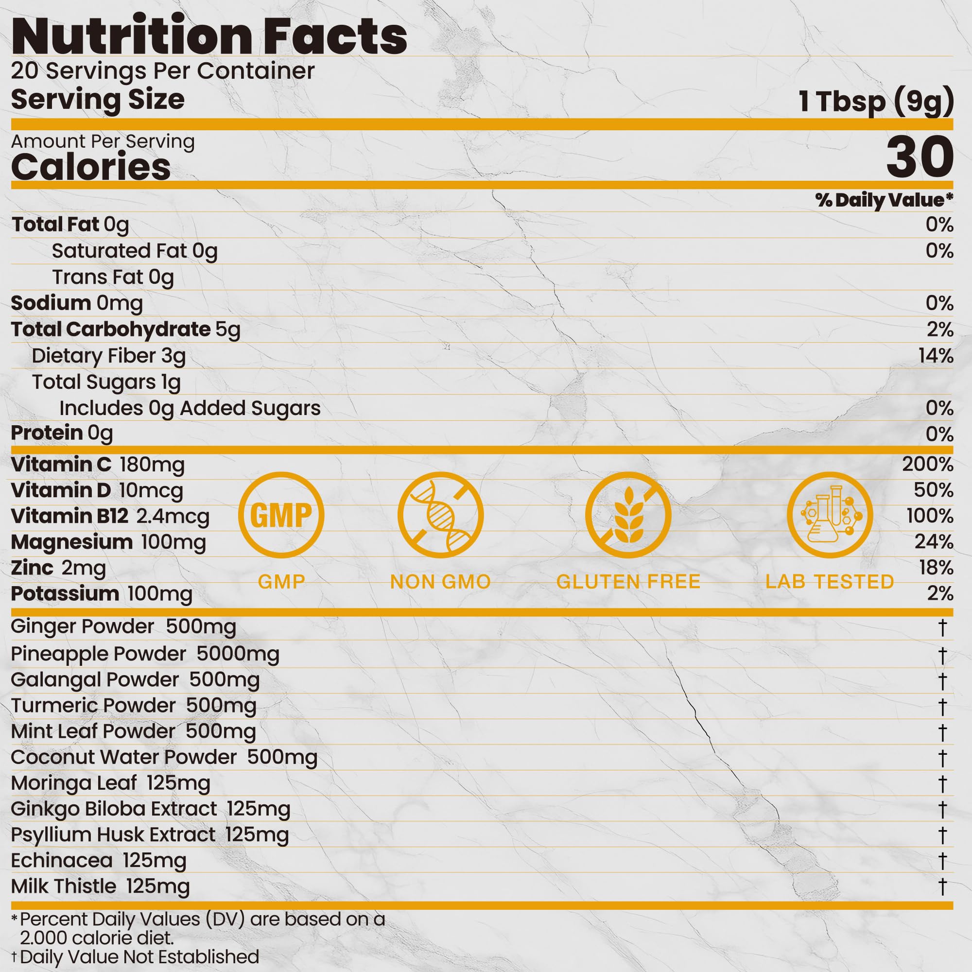 Close-up of ingredients: ginger powder, turmeric powder, pineapple powder, and coconut water powder