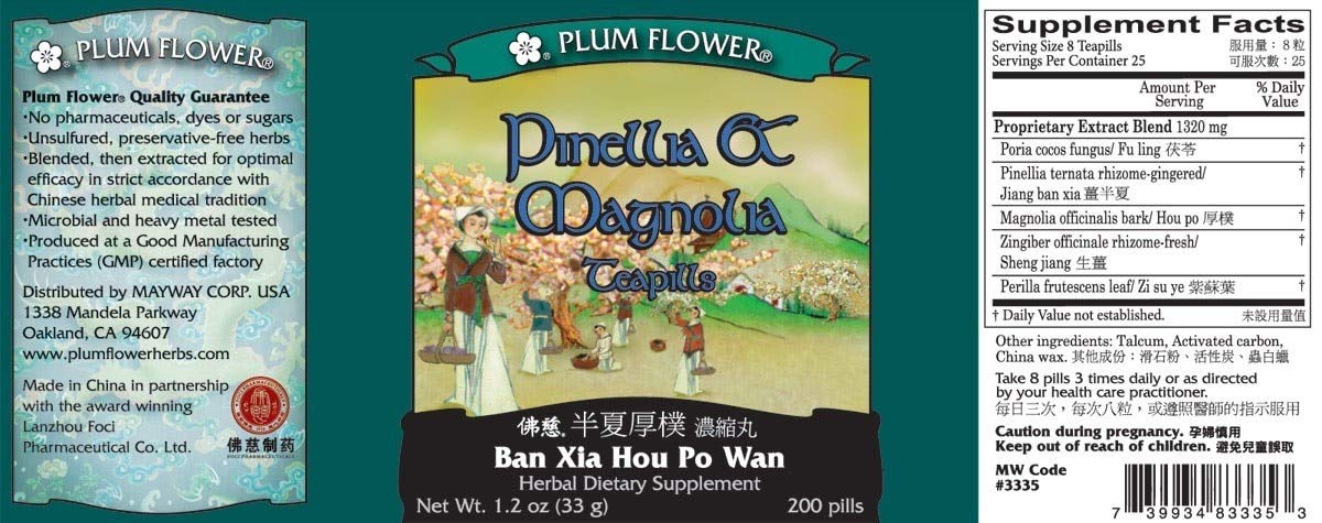 Box and bottle of Pinellia & Magnolia Teapills by Plum Flower