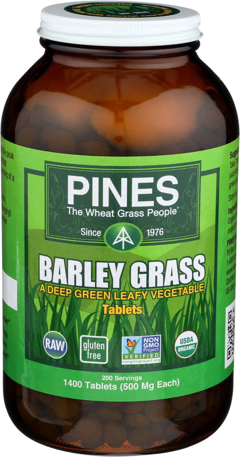 Pines International Barley Grass bottle and tablets front view