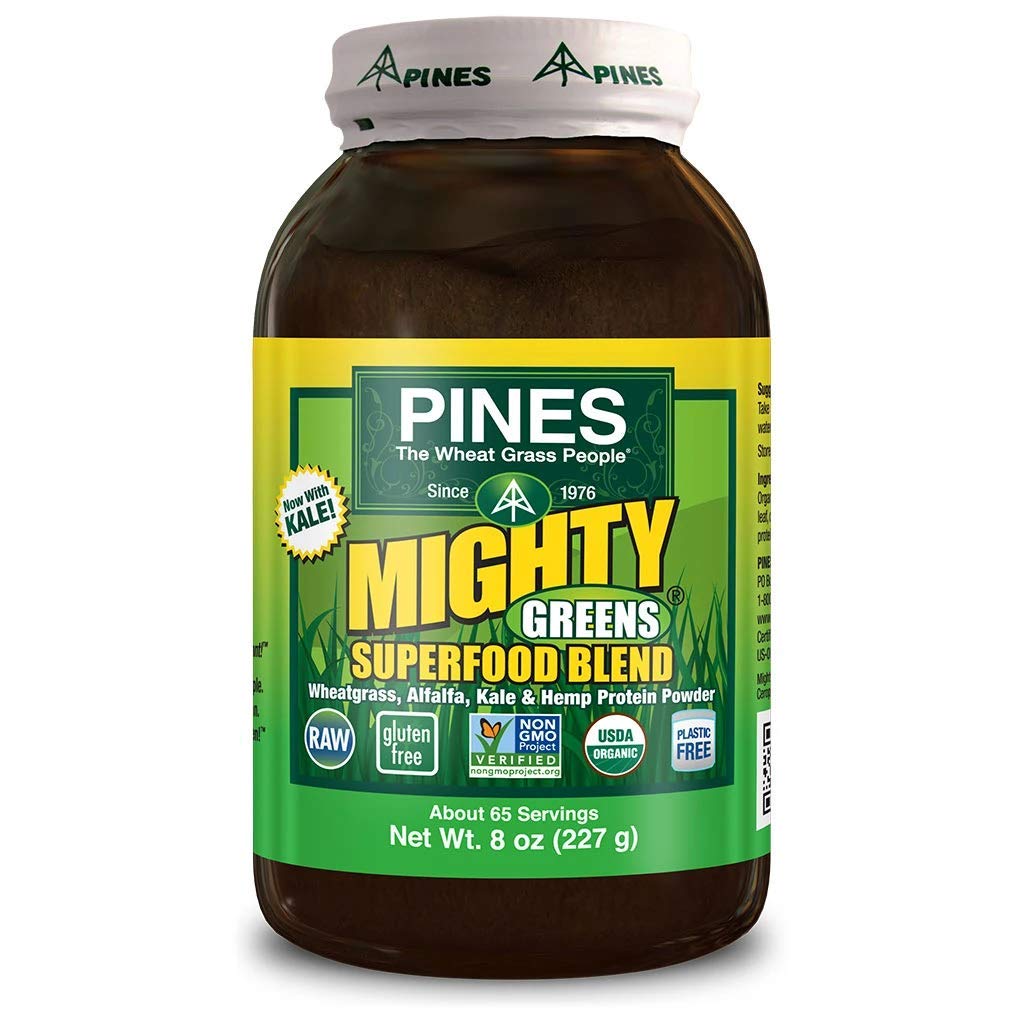 Front view of Pines Organic Mighty Greens 8 oz package
