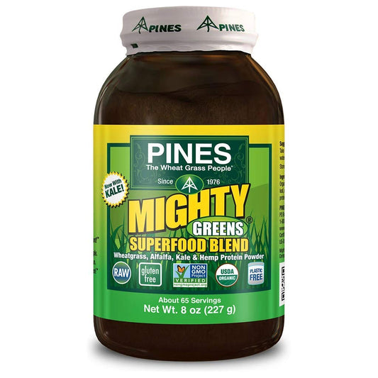 Front view of Pines Organic Mighty Greens 8 oz package