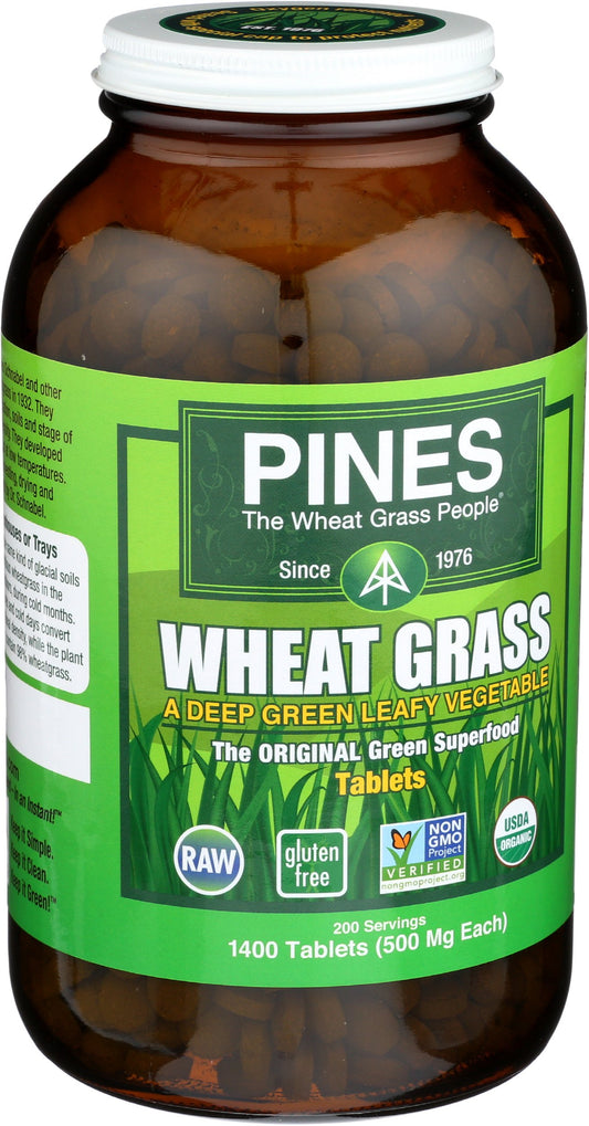 Close-up of Pines Organic Wheat Grass Tablets