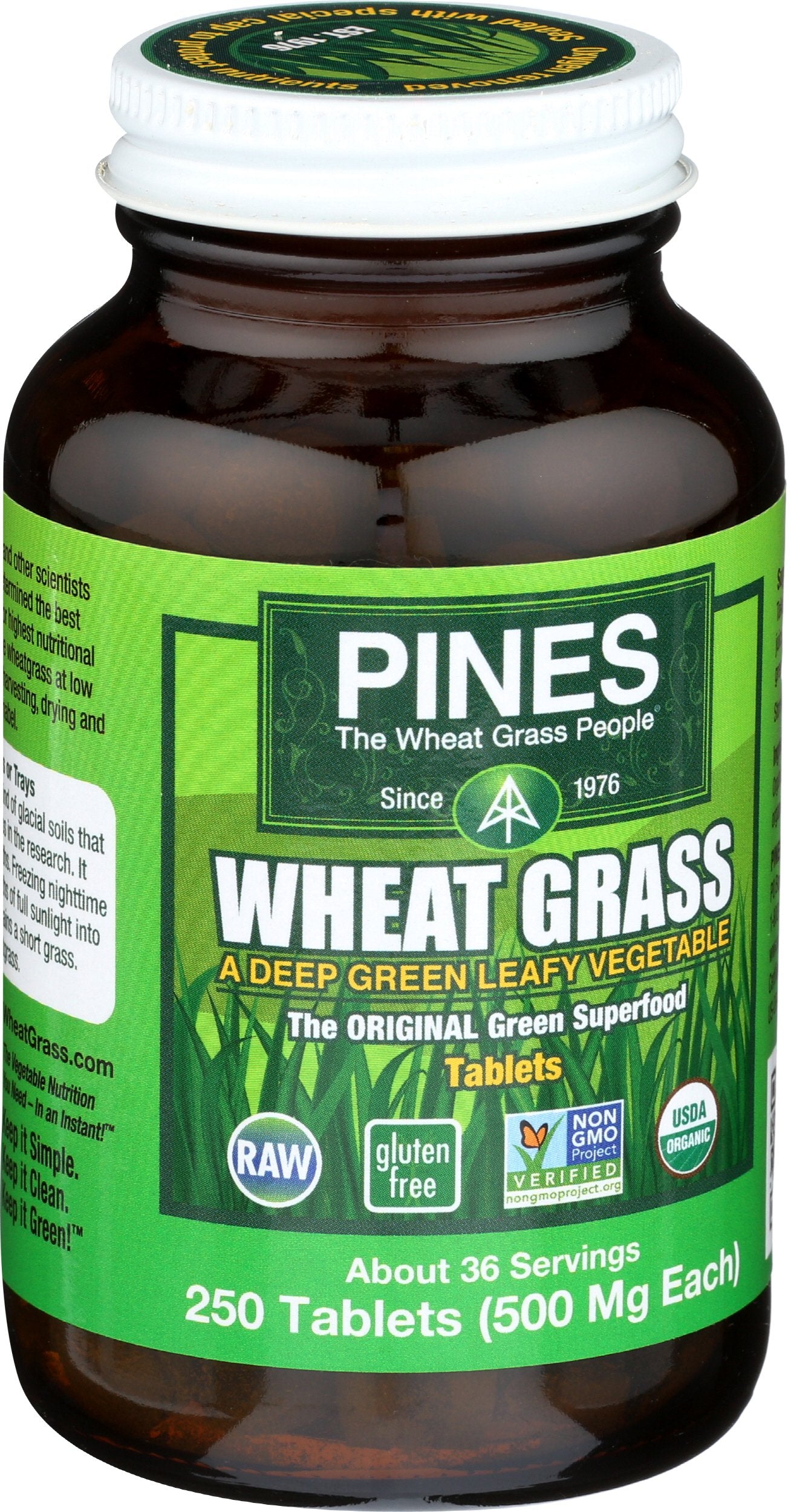 PINES Organic Wheat Grass tablets – back of package