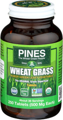 PINES Organic Wheat Grass tablets – front view with bottle