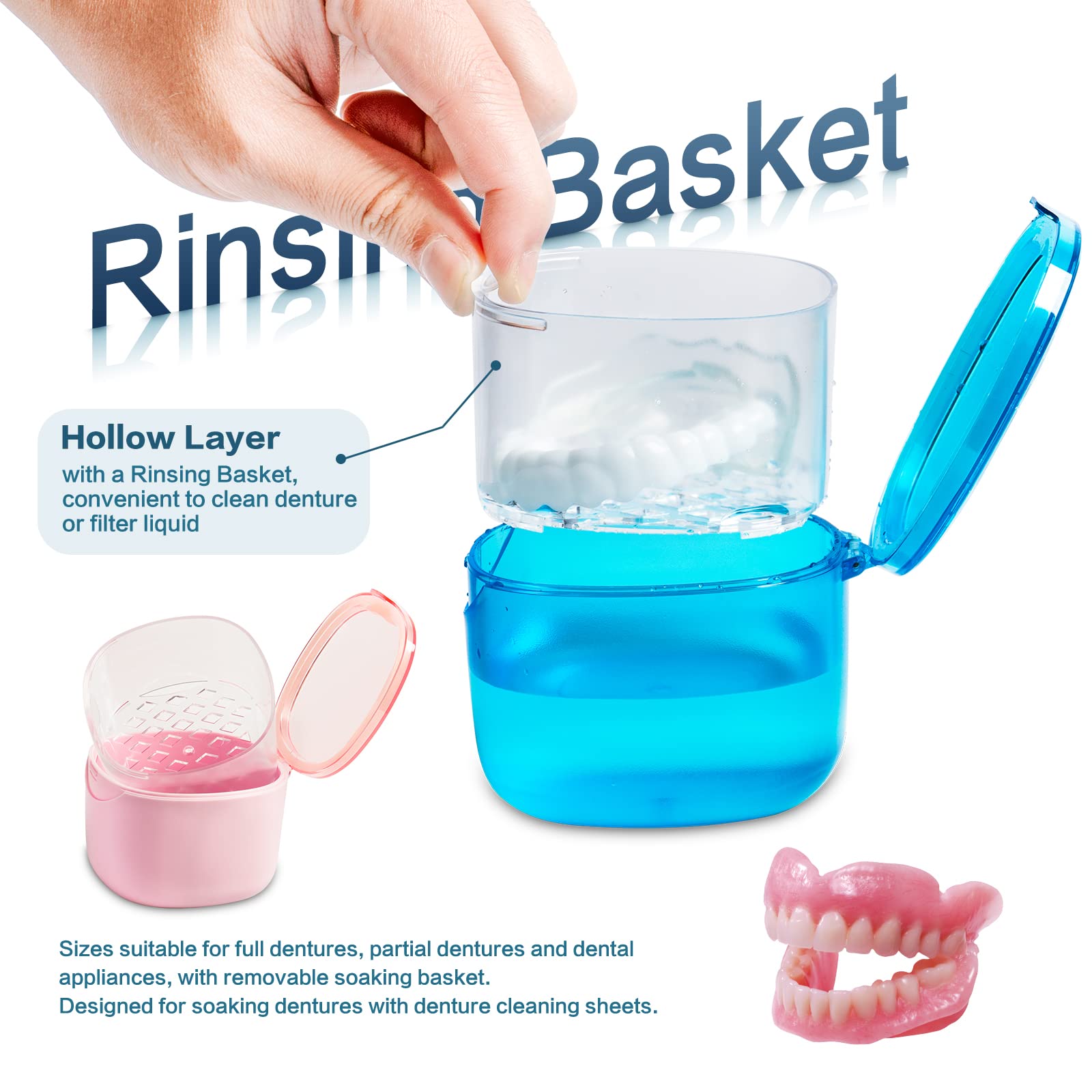 Rinsing basket inside pink denture case