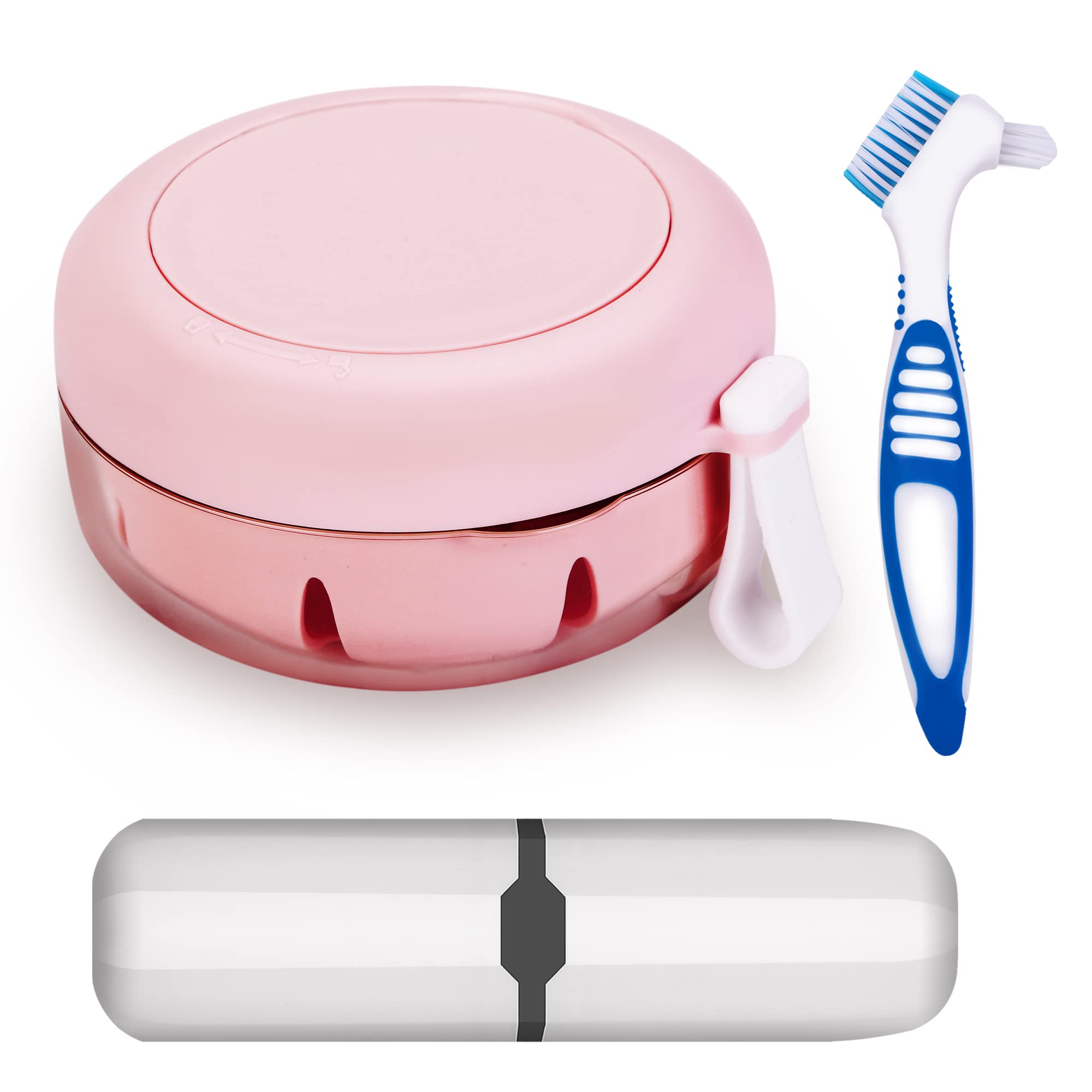 Pink denture case with integrated brush box - front view