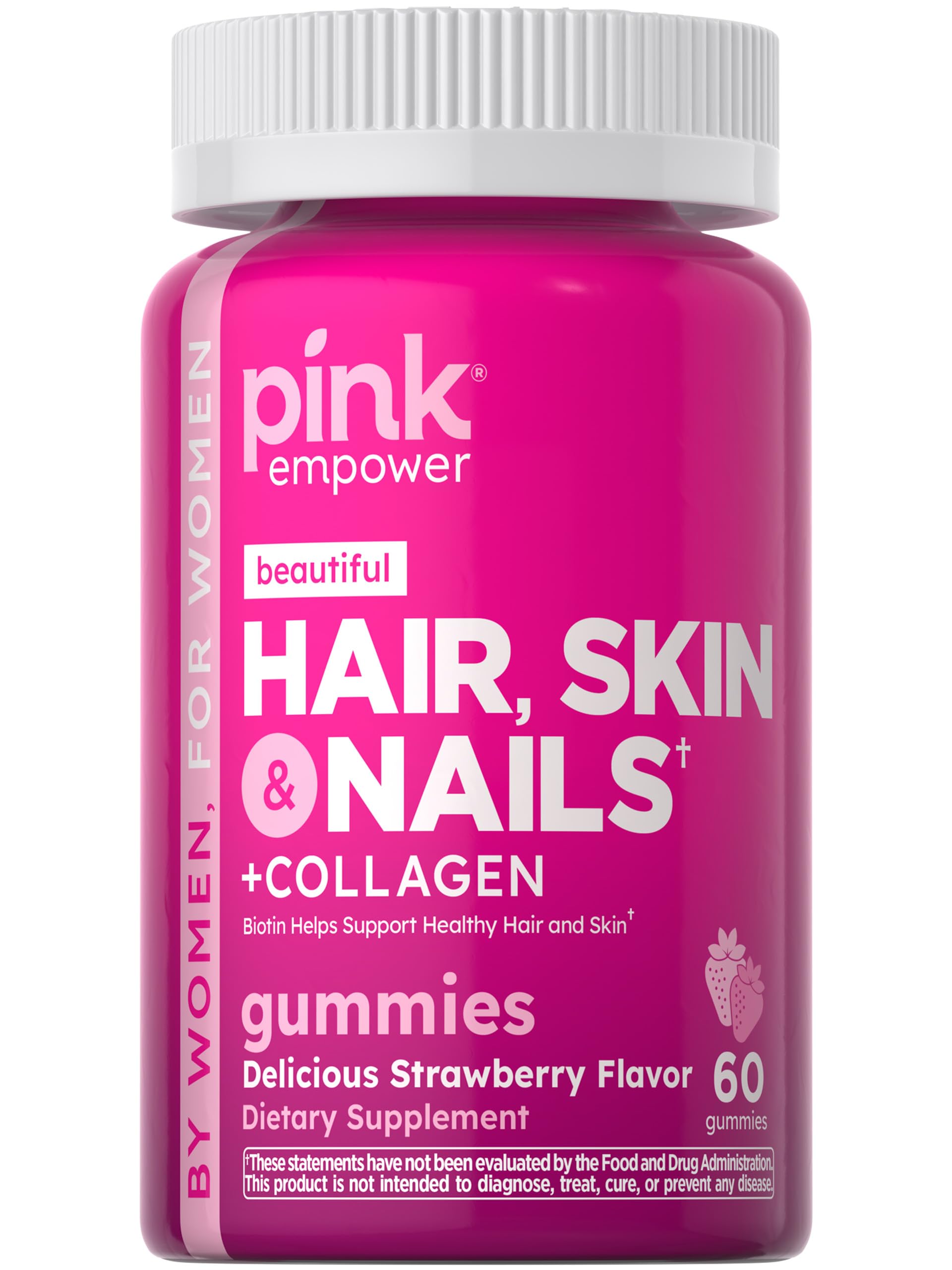 Front view of PINK Hair Skin Nails Gummies bottle, 60 count