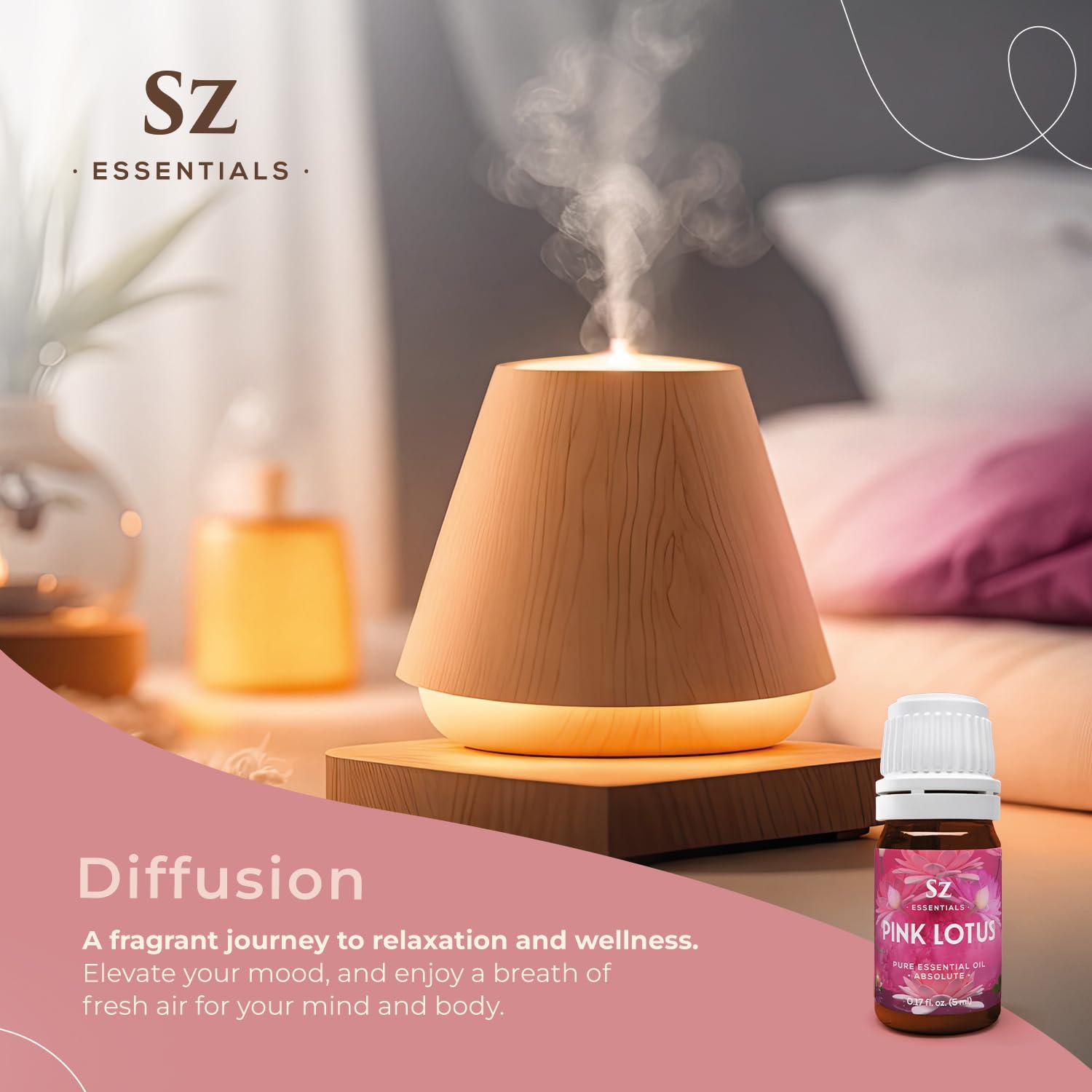 Vial of Pink Lotus essential oil on wooden surface