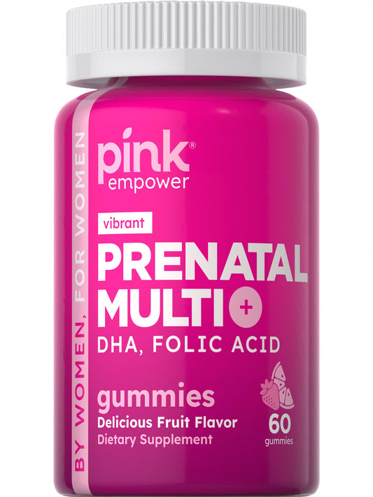 PINK Prenatal Vitamins hero image showing 60 gummies with DHA and Folic Acid