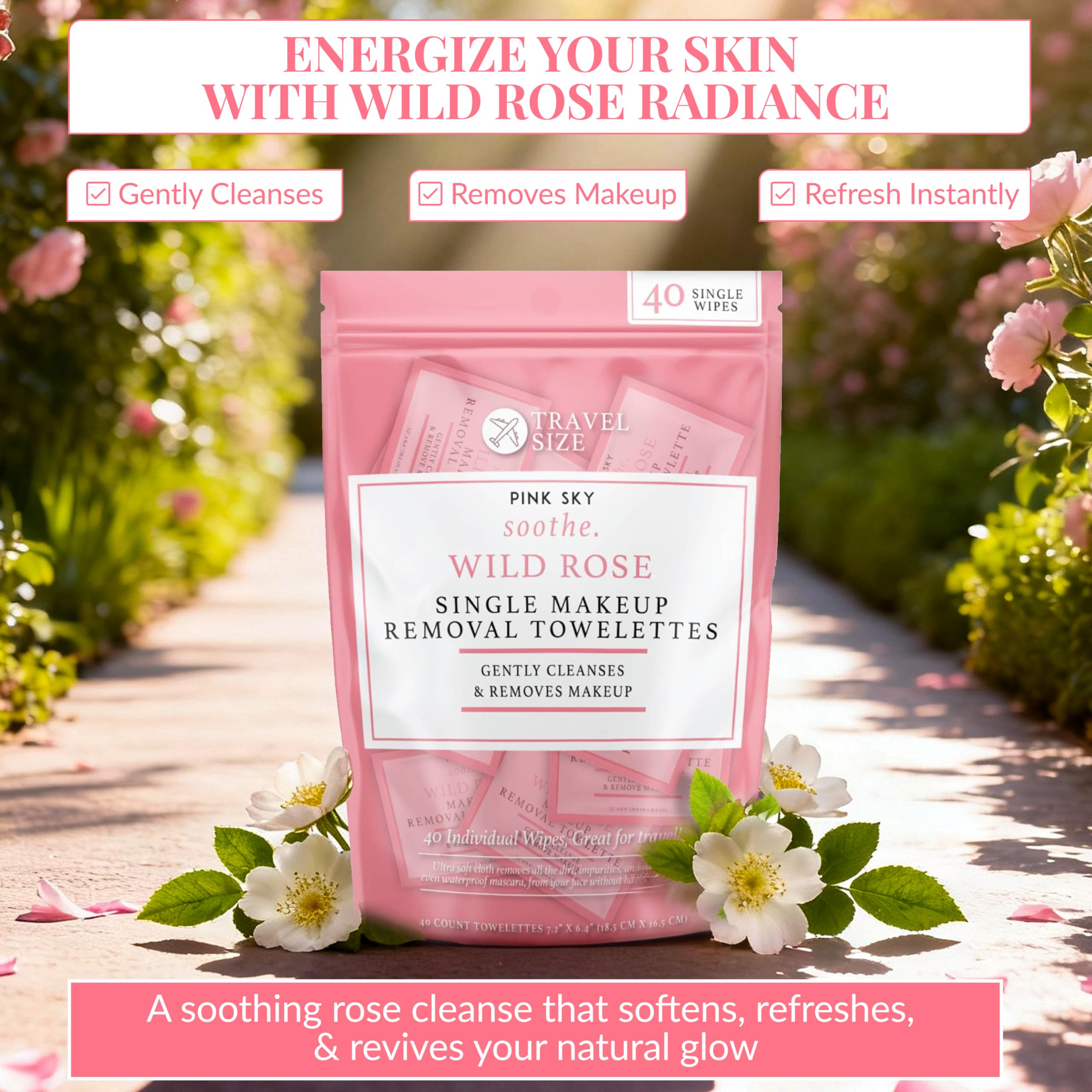 Closeup of Pink Sky Wild Rose wipes showing soft texture and refreshing fragrance