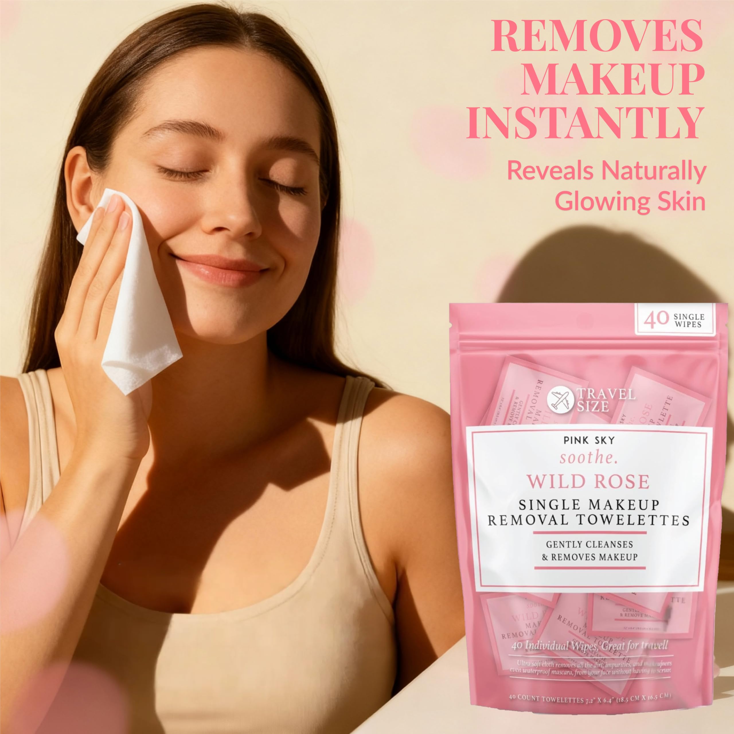 Gentle makeup removal with Pink Sky Wild Rose wipes suitable for sensitive skin