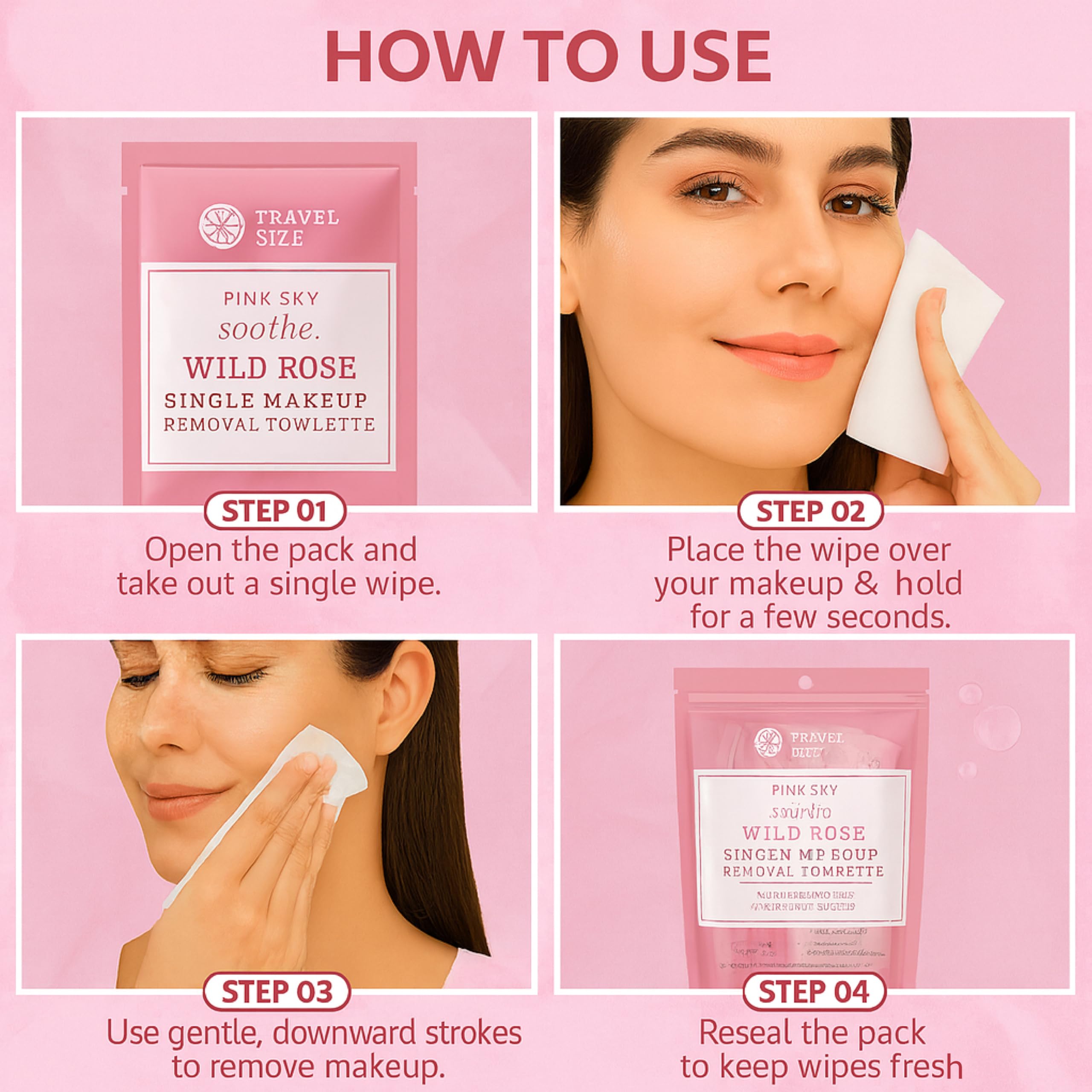 Soft-textured Pink Sky Wild Rose wipes demonstrate gentle makeup removal