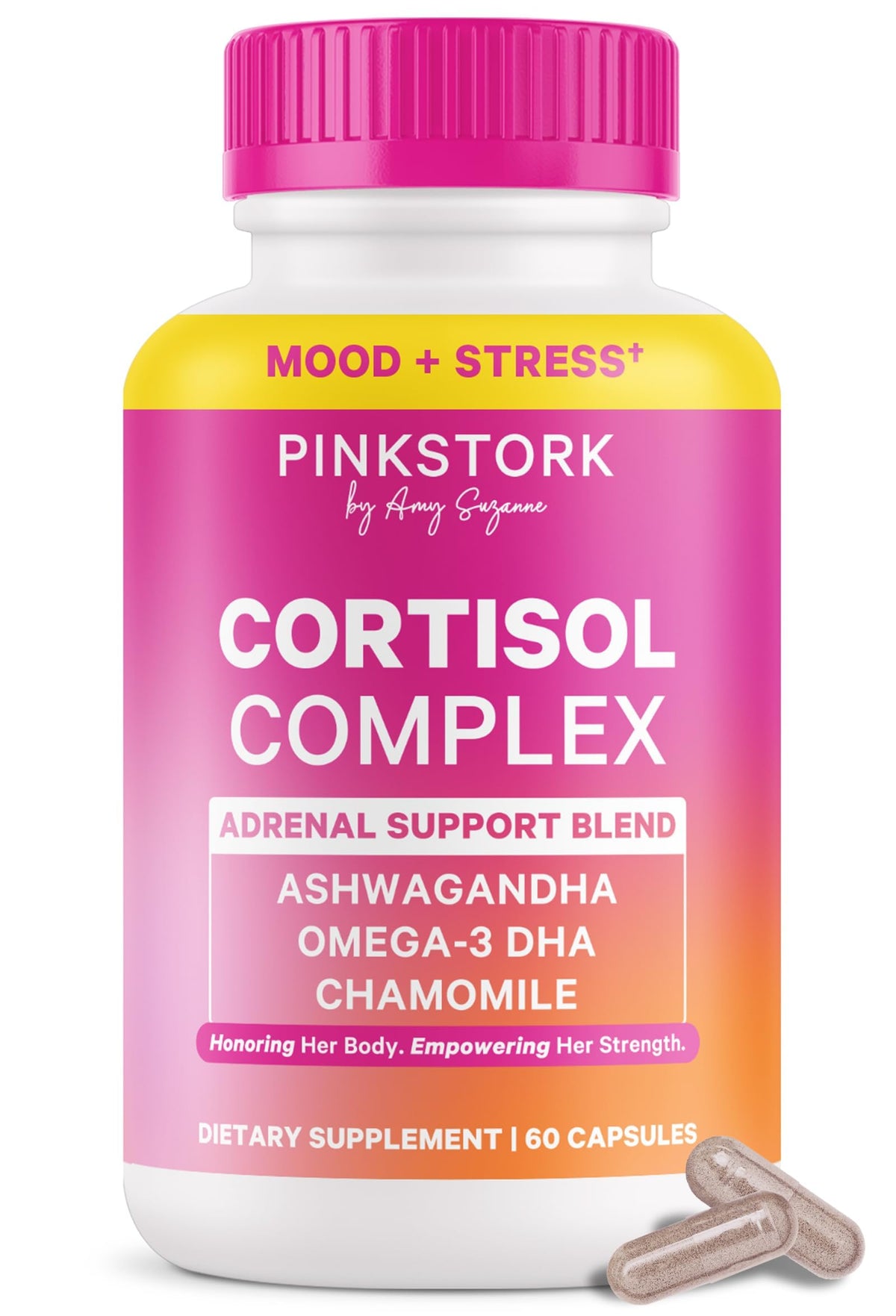 Bottle of Pink Stork Cortisol Complex for Women in UV-protected bottle