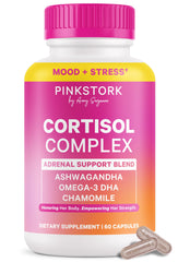 Bottle of Pink Stork Cortisol Complex for Women in UV-protected bottle