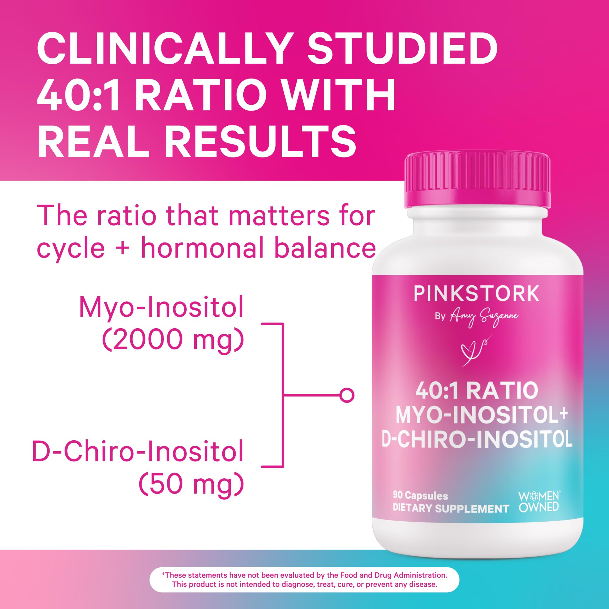 Pink Stork D-Chiro Inositol bottle aids cycle regularity and metabolic health.