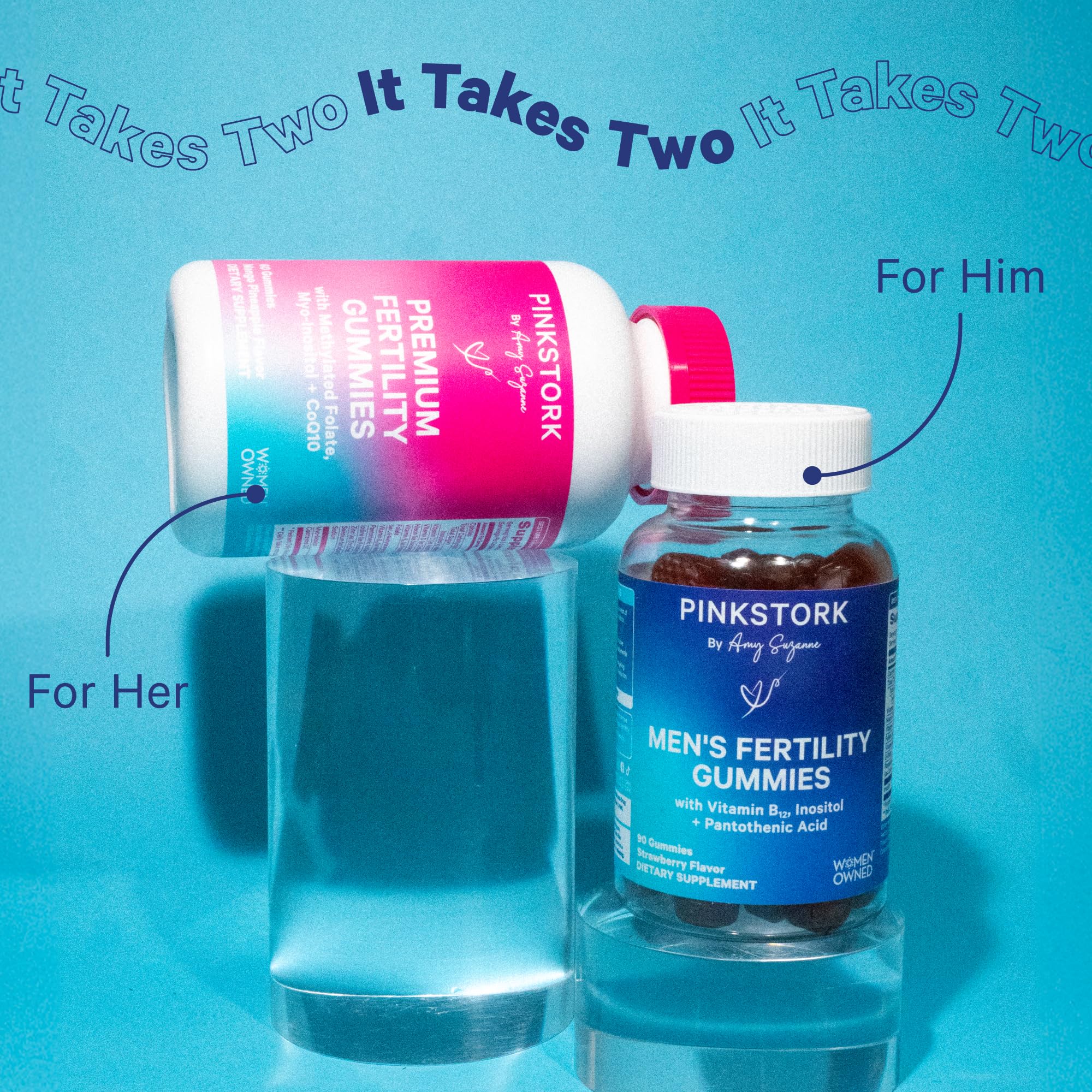 Couple using Pink Stork His and Hers Fertility Gummies Bundle