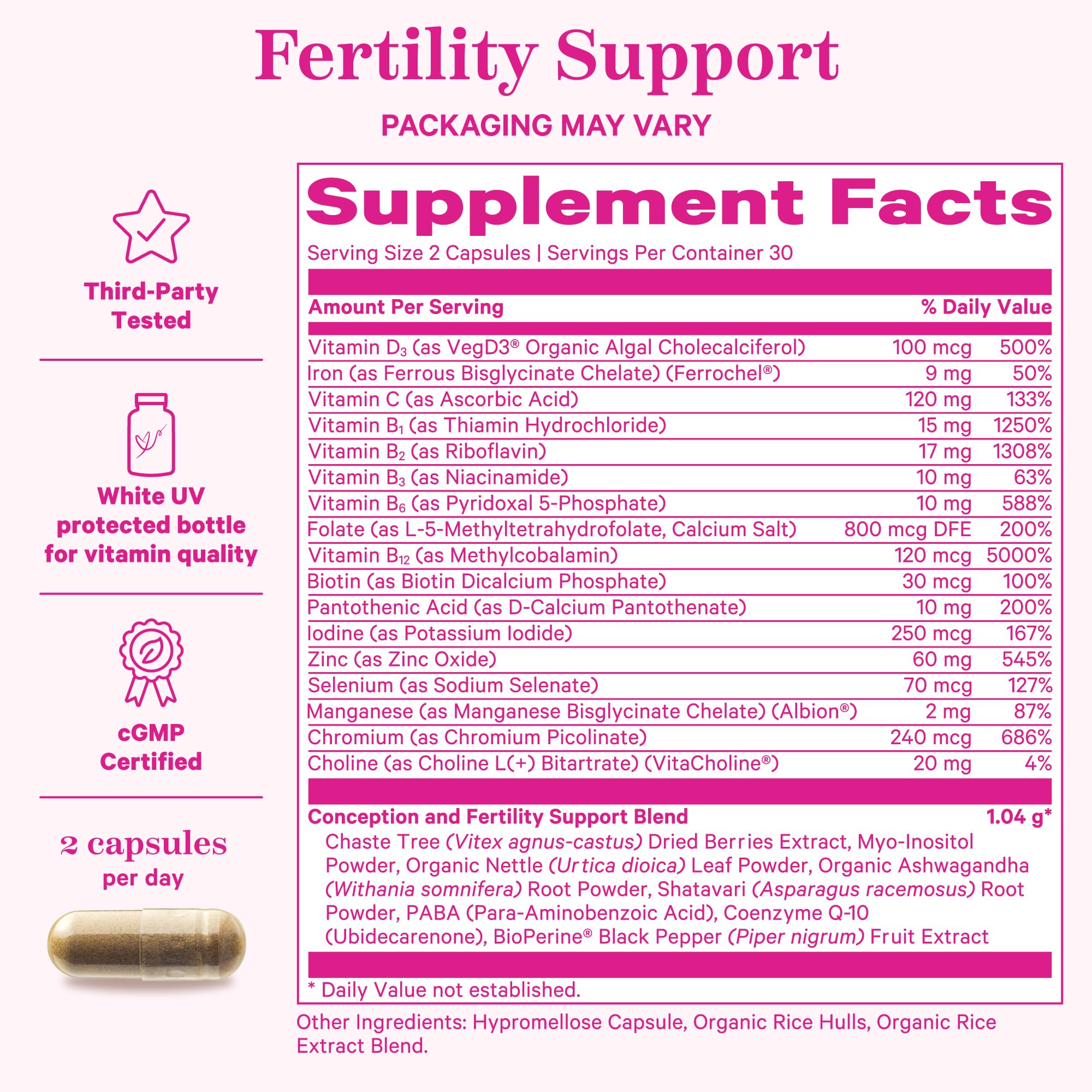 Product packaging and branding for Pink Stork Fertility Supplements